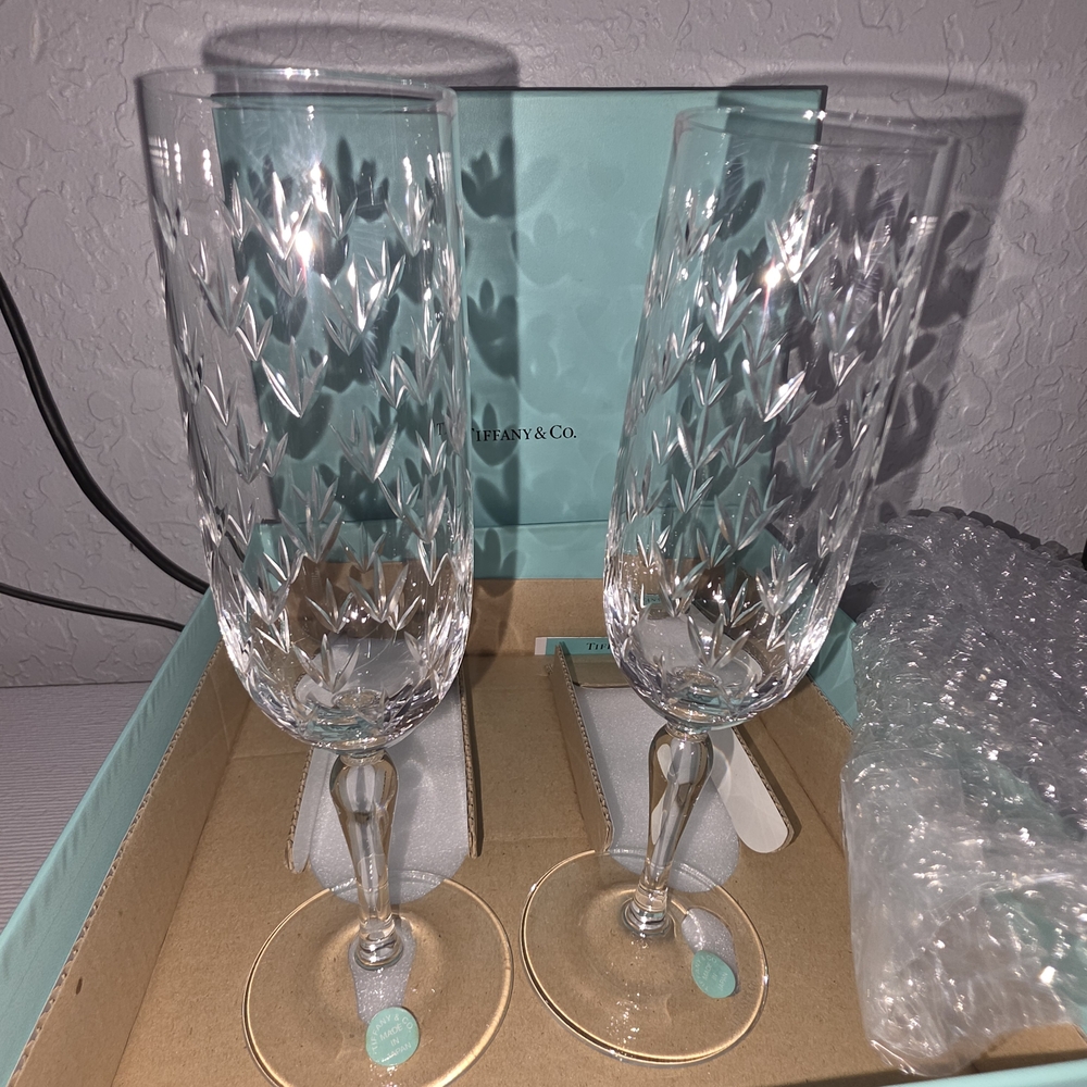 Tiffany & Co. Clear Crystal Etched Champagne Flutes with Blue Box